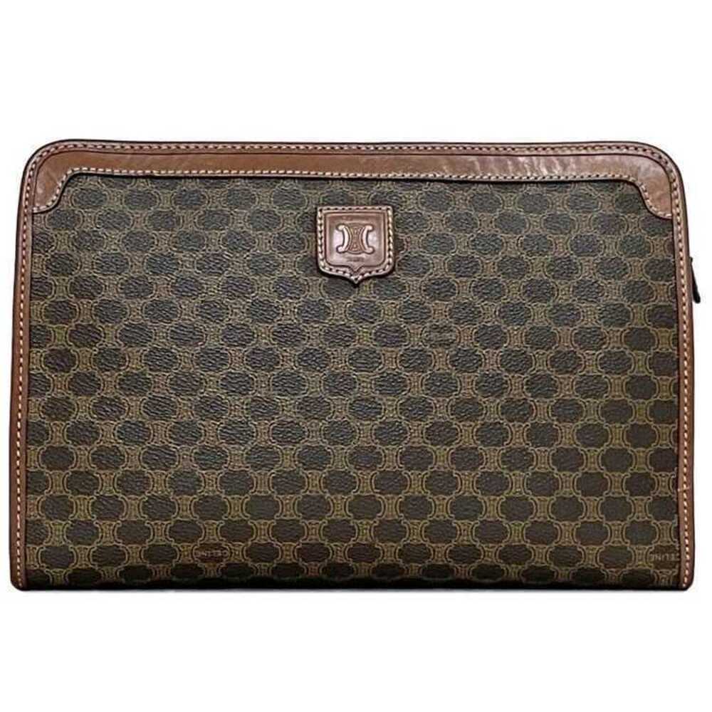 Celine Clutch Bag Brown Macadam Shoulder Leather Logo Zipper Handbag Retro